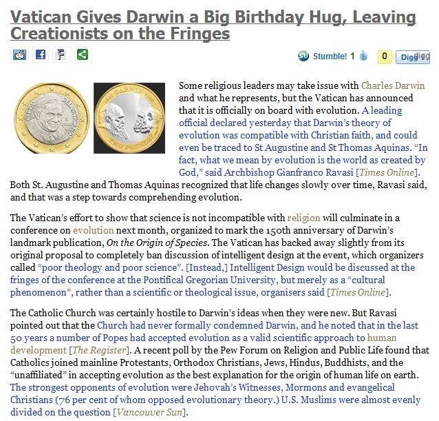 Vatican Gives Darwin a Big Birthday Hug, Leaving Creationists on the Fringes