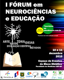Cartaz do Fórum, com título e informações do texto a seguir - um neurônio saindo de um livro Cartaz do Fórum, com título e informações do texto a seguir - um neurônio saindo de um livro