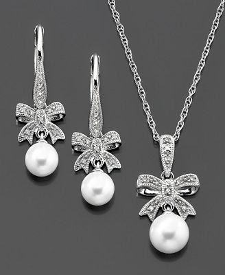 Cultured Freshwater Pearl and Diamond Accent Bow Cultured Freshwater Pearl and Diamond Accent Bow