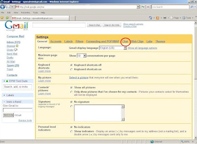 Selecting the Chat configuration in setting up your Gmail.