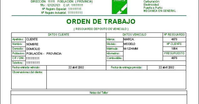 formato para orden de trabajo
