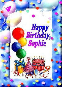 graphic of a happy birthday Sophie sign decorated with hats, balloons, and cake