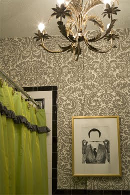 Amanda Nisbet Wallpapered Bathroom Ruffled Green Shower curtain