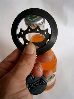 Recycled bike gear bottle opener