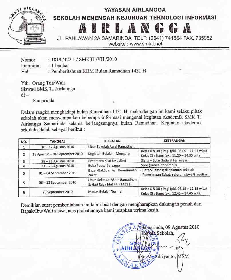 SMK TI Airlangga Samarinda Jadwal Kegiatan Ramadhan 1431 H