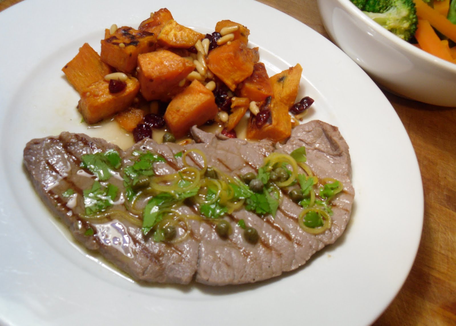 Veal Steaks with Lemon and Caper Gremolata and Sweet Potato Salad A