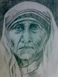 Motherly Love of Calcutta Teresa Nobel Prize for Peace in 1979 pencil sketching popular faces portrait smiling dress Graphite Pencil on Paper A4 sufferrings helping hand motherly love peace