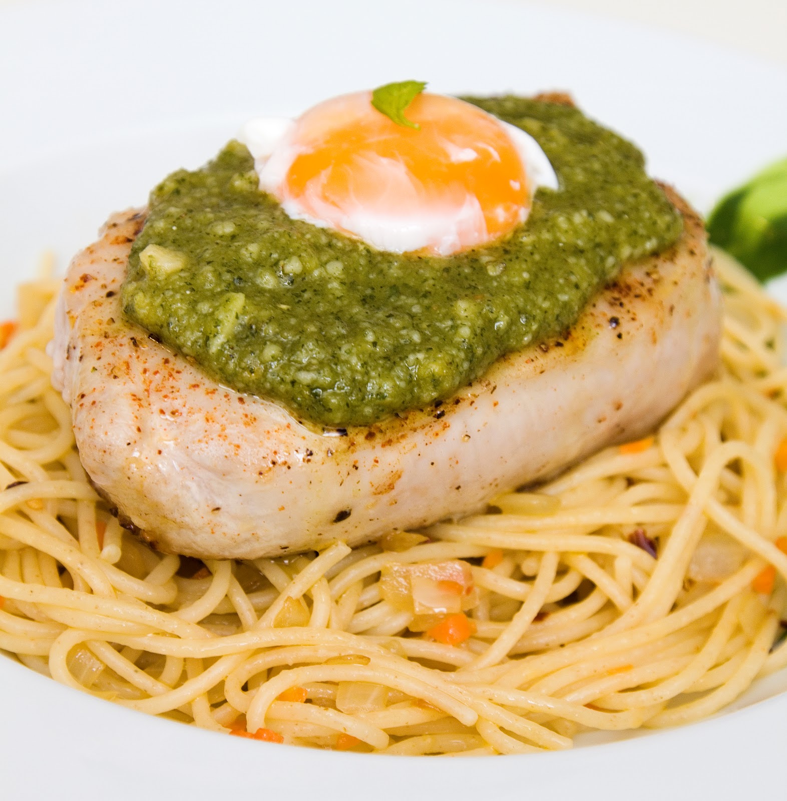 Food Makes Me Happy Grilled Pork Chop with Homemade Pesto and Poached