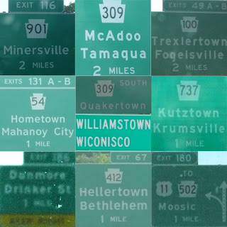 Pennsylvania, New Jersey and Connecticut road signs - McAdoo, Minersville, Trexlertown, Fogelsville, Hometown, Quakertown, Kutzville, Krumsville, Wiconisco, Drinker St., Bethlehem, ?Hellertown, Moosic.