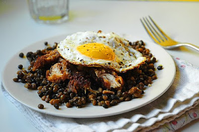 delicious lentils, chicken, fried egg