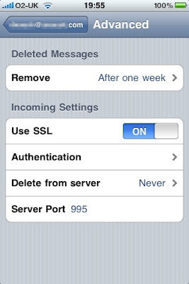 Mail server settings in the iPhone. Set 'Use SSL' to On