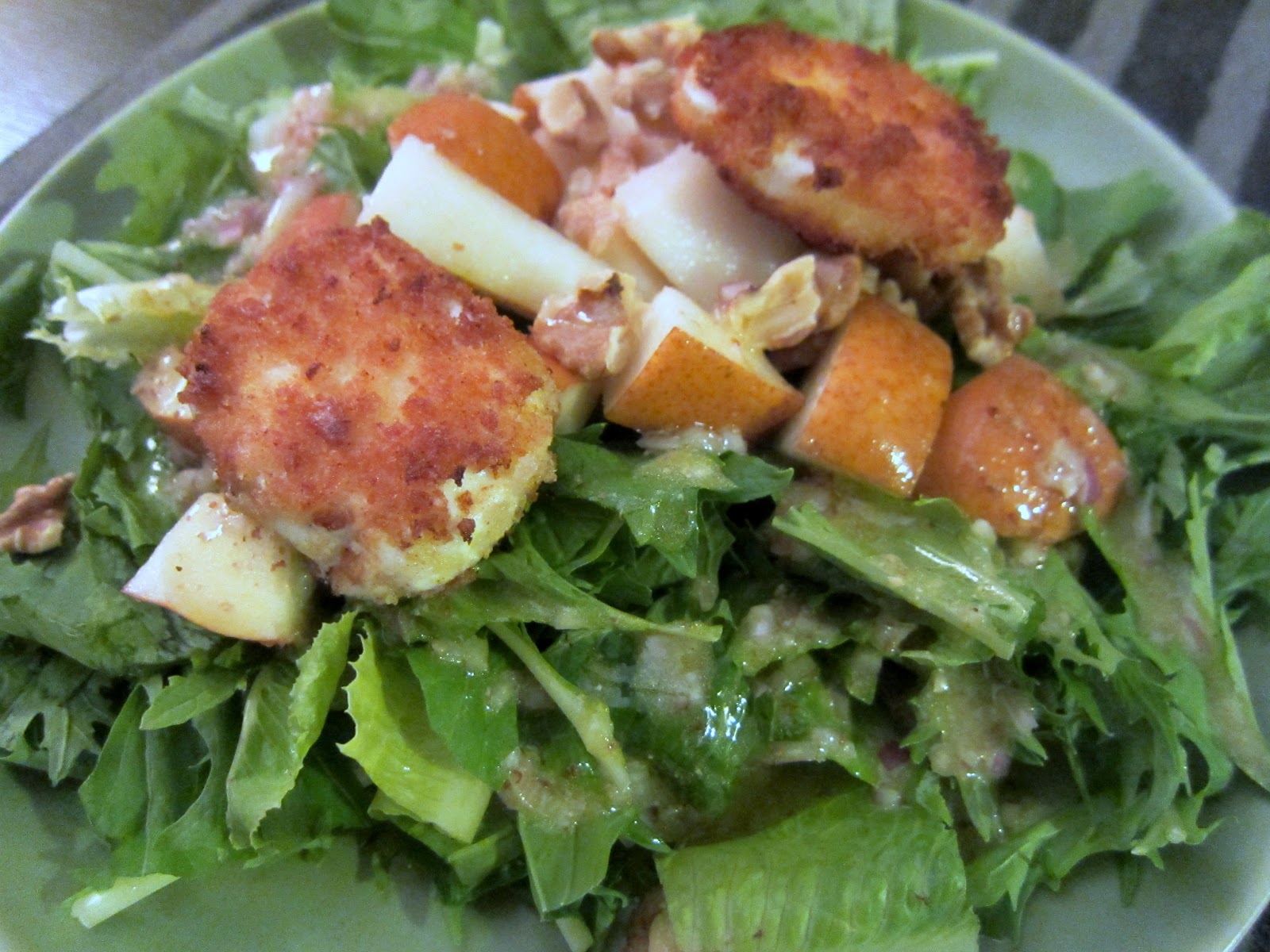 raspberry eggplant Mizuna and Pear Salad with Goat Cheese Croquettes