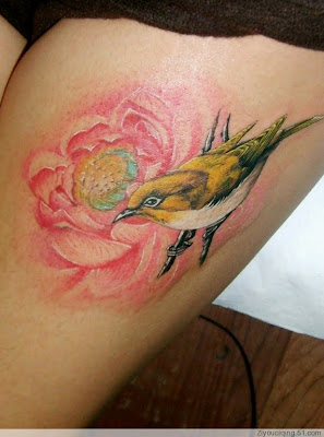 bird and flower tattoo, leg tattoo sexy girls