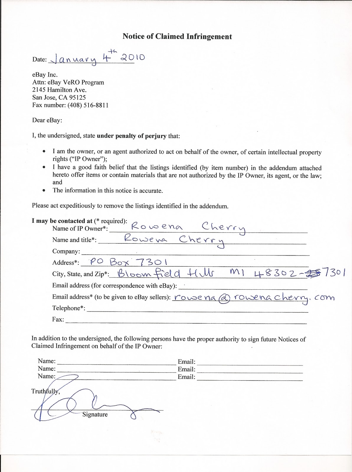 Authors And Shareholders Against Pirates EBay Notice Of Claimed