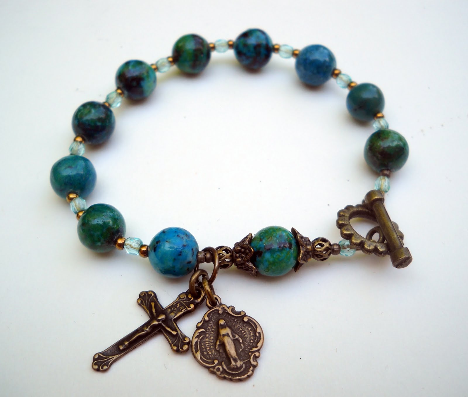 A Graceful LifeAzurite Chrysocola Rosary Bracelet with Bronze Medals