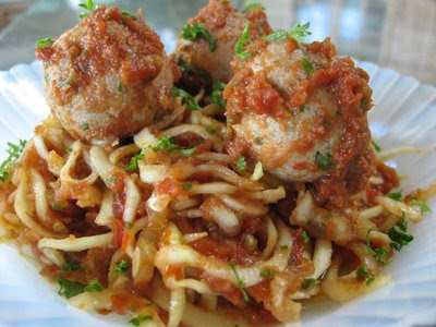 Zucchini spaghetti and walnut meatballs and spaghetti. Zucchini spaghetti and walnut