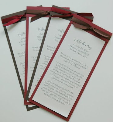 This invitation and program set is done in a brown and wine color scheme 