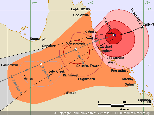This is the latest update of the predicted movements of Cyclone Yasi.