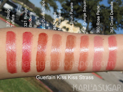 Guerlain, Kiss Kiss Strass, swatches, Rouge Taffetas, Rouge Broderie, Cuivre Drap�, Cuivre Drape, Beige Mousseline, Brun Parure, Orange Sequin, Rose Strass, Corail Dentelle