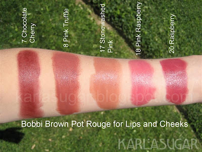 Bobbi Brown, Pot Rouge, swatches, Chocolate Cherry, Pink Truffle, Stonewashed Pink, Pink Raspberry, Raspberry