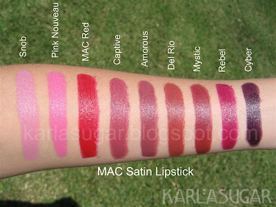 MAC, Satin, lipstick, swatches, Snob, Pink Nouveau, MAC Red, Captive, Amorous, Del Rio, Mystic, Rebel, Cyber