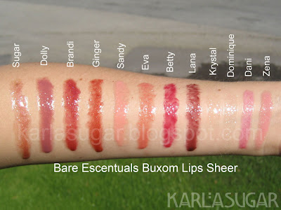 BE, Bare Escentuals, Buxom Lips, swatches, Sugar, Dolly, Brandi, Ginger, Sandy, Eva, Betty, Lana, Krystal, Dominique, Dani, Zena