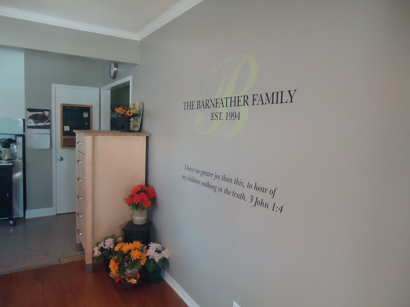 That bare wall in the kitchen how to hang a large decal! Organizing