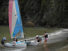 Mom, Dad, Dean & Sarah Pulling Into the Secluded Beach on a Catamaran