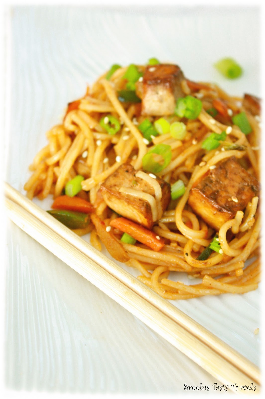 Sreelus Tasty Travels: Spicy Marinated & Baked Tofu Noodles