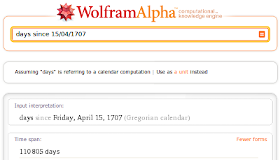 screenshot of Wolfram|Alpha webpage for query 'days since 15/04/1707'