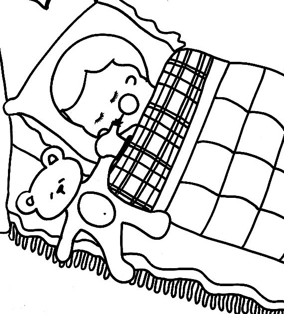 Dibujos para imprimir y colorear: Dibujo para colorear de un niño durmiendo  con su osito de peluche