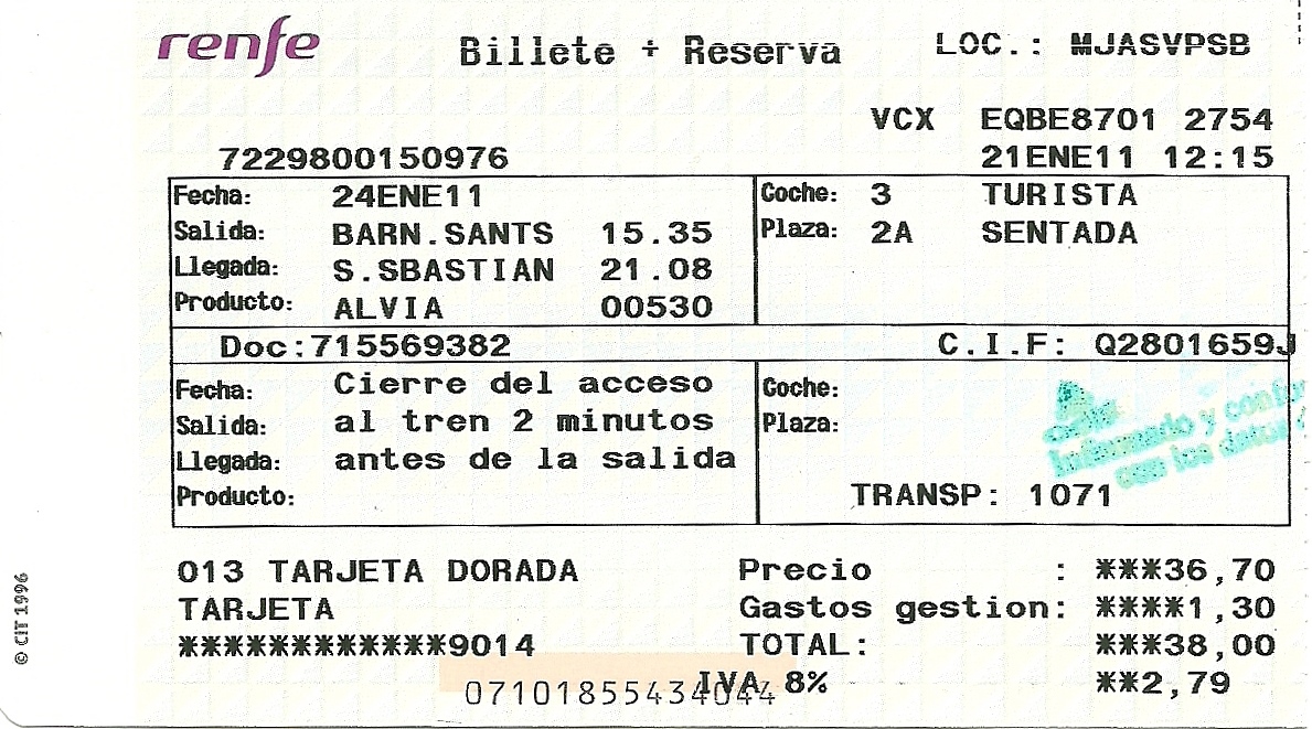 The traveler's drawer RENFE. Billete + Reserva Barcelona Sants San