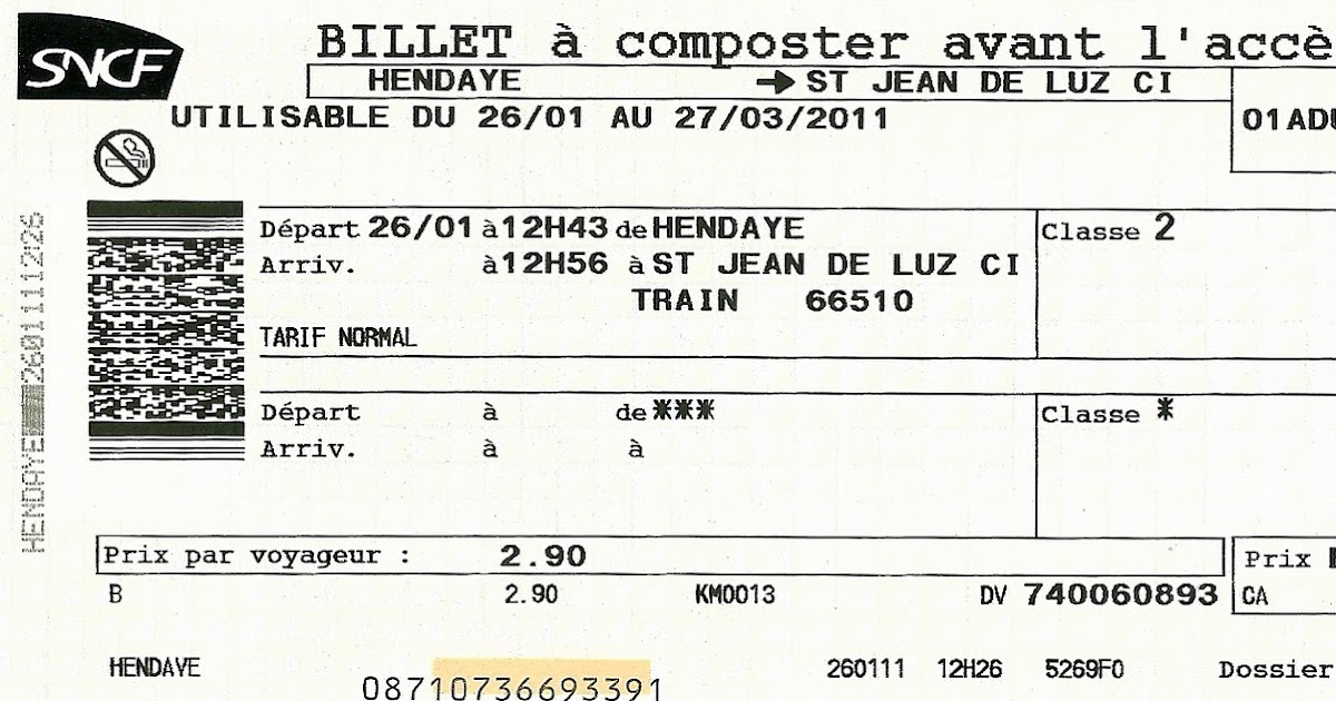 The traveler's drawer SNCF. Billet d'Hendaye à St. Jean de Luz (26.01.