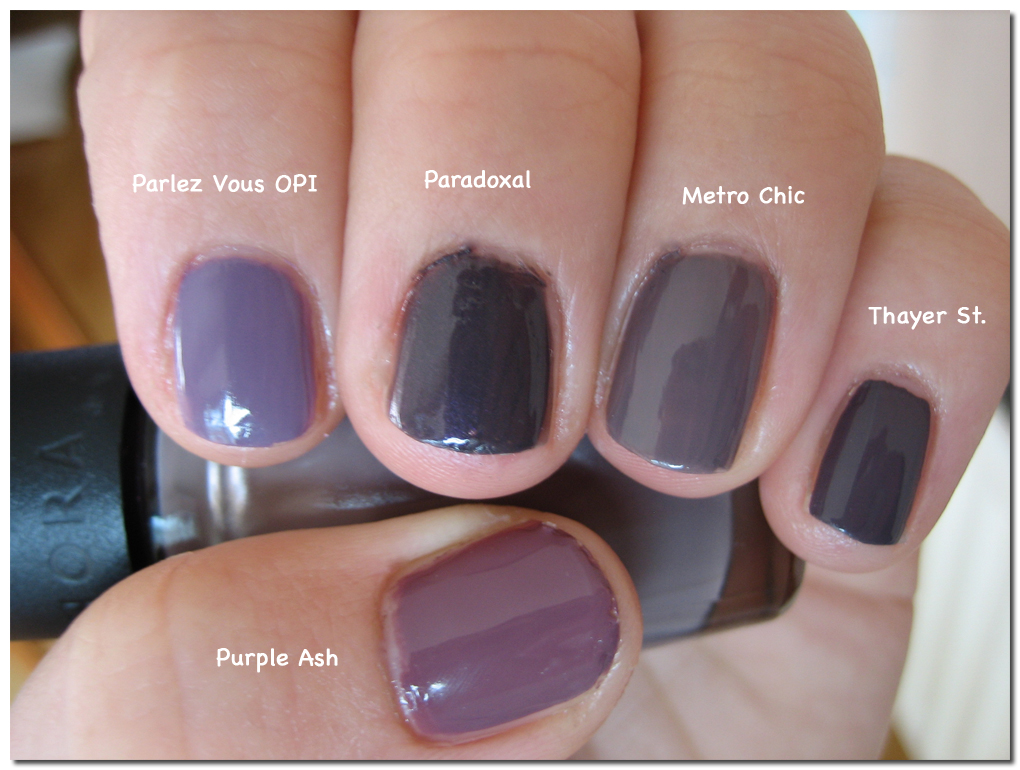 Modesty Brown Dirty Purple Nail Comparison Purple Ash Is The Most Red Toned In This Group And Almost A Warm Plummy Colour When Compared To Paradoxal Parlez Vous Opi Much Lighter
