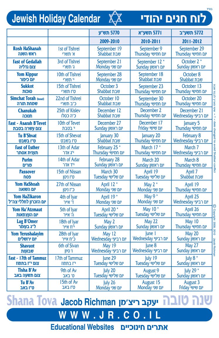 jewish holiday calendar 2008 amanin