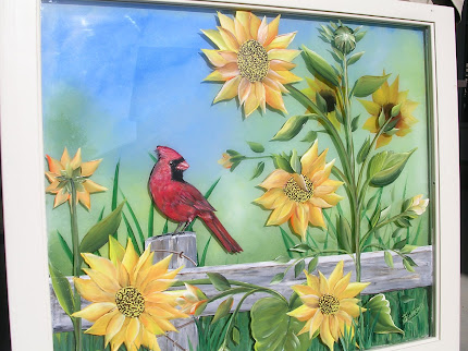 Cardinal with Sunflowers on window