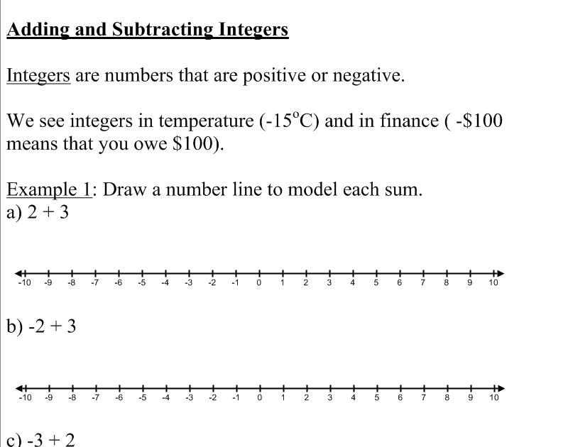 Grade 9 Applied Math: Adding and Subtracting Integers