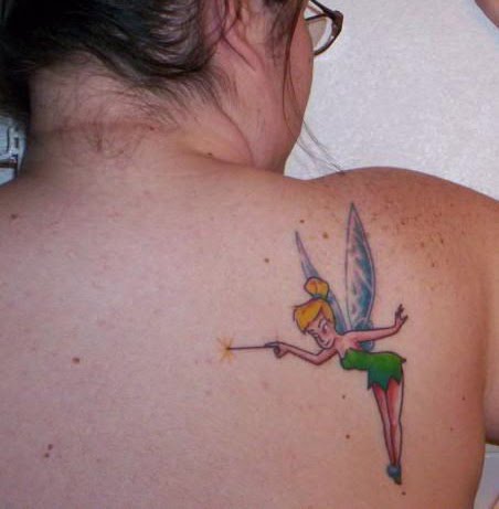 Tinkerbell with wand tattoo on back.