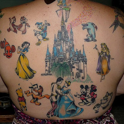 Various Disney tattoos on back.