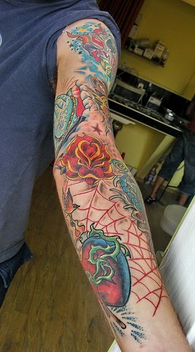 Rose and spider web arm tattoo for girls