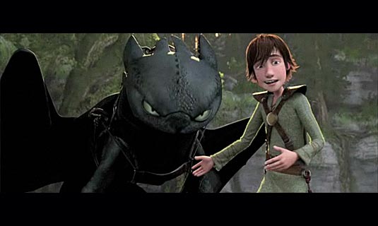 During the movie when Hiccup feeds Toothless the dragon a fish, 