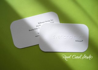Real Card Studio rounded corner business card blind emboss, letterpress, lettra cotton paper