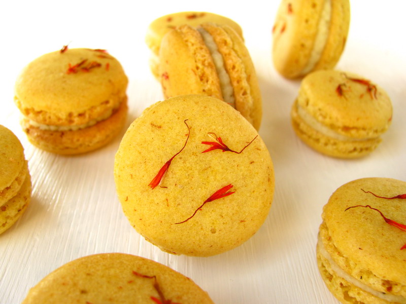 mushitza Safflower Macarons with Lime Kukicha White Chocolate Cream
