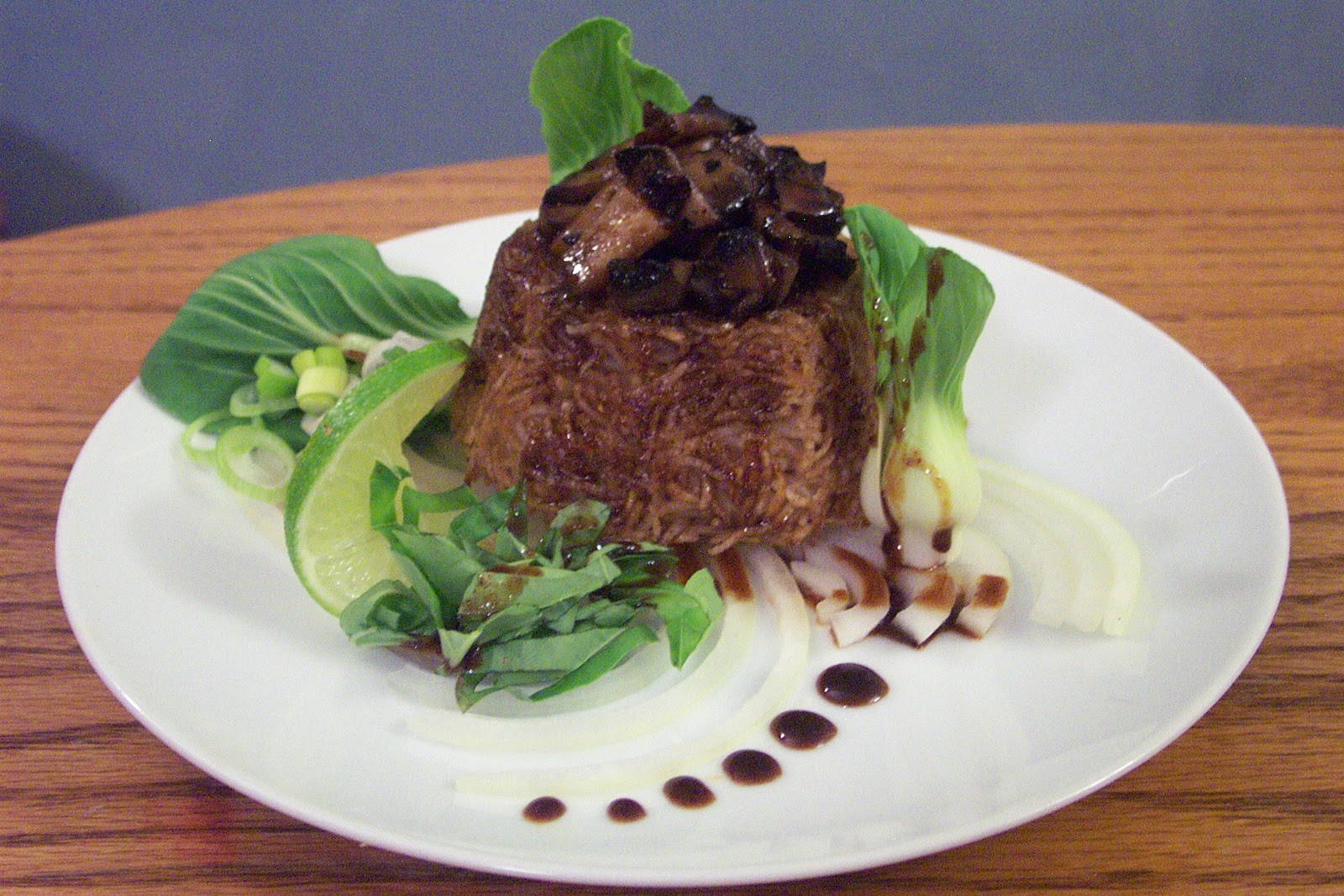 The Vegan Home Chef Banh Pho Timbales with DemiGlace, Bok Choy, Basil