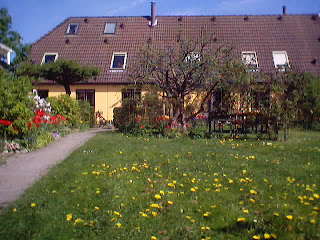 Kig mod vores blok i maj, vores hus er delvis skuljt af træerne
