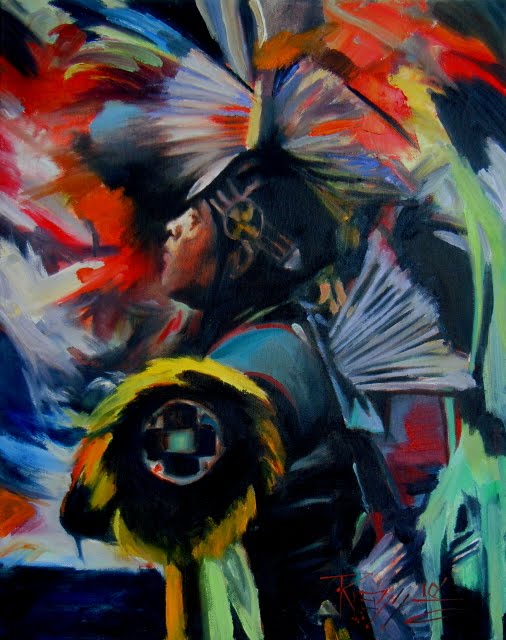in plein air "Grand Entry" Yakima Pow Wow dancer, oil painting