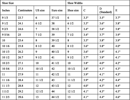 Mens Wide Shoe Size Chart