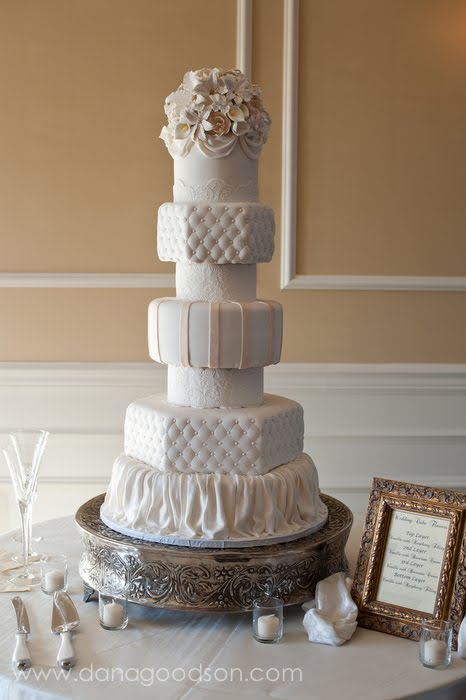 It was a seven tier wedding cake all decorated with white and ivory