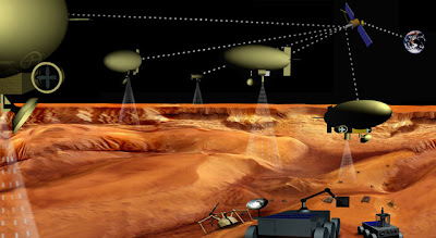 Artist concept of orbiter and robots Artist concept of orbiter and robots