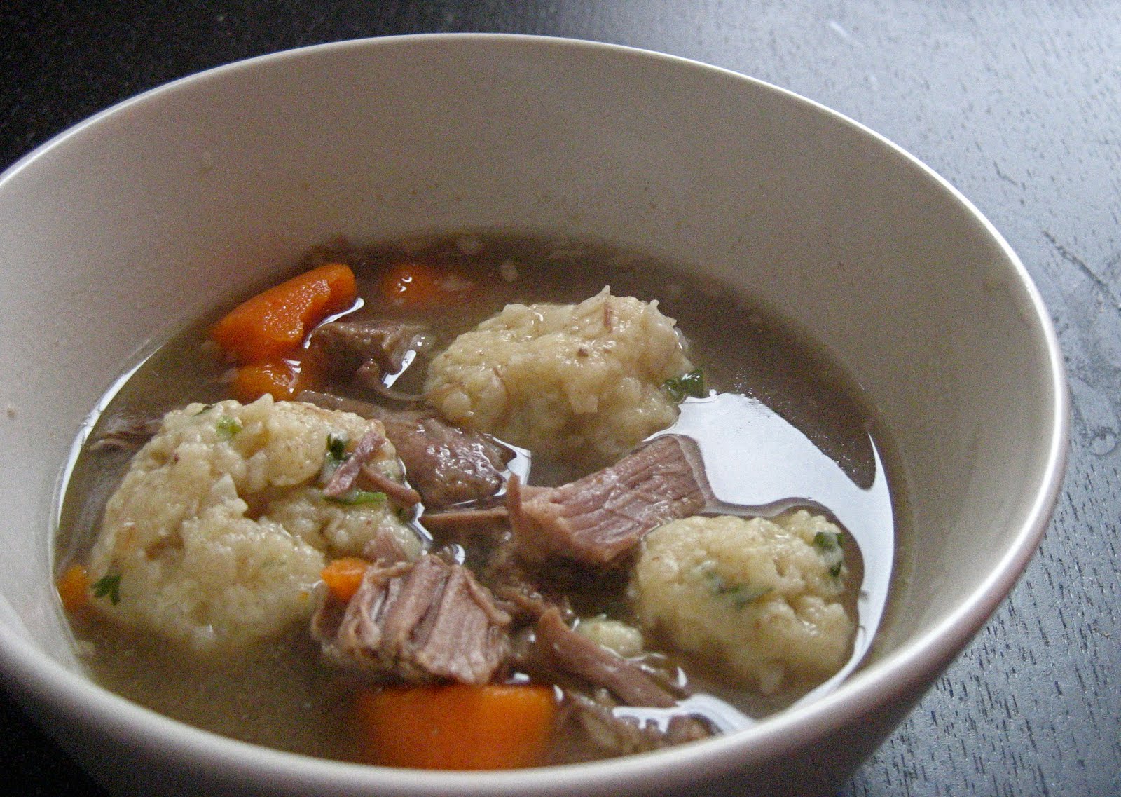 Wild Honey Matzo Balls in Beef Stew (Fleischsuppe mit Matzoknepfle)